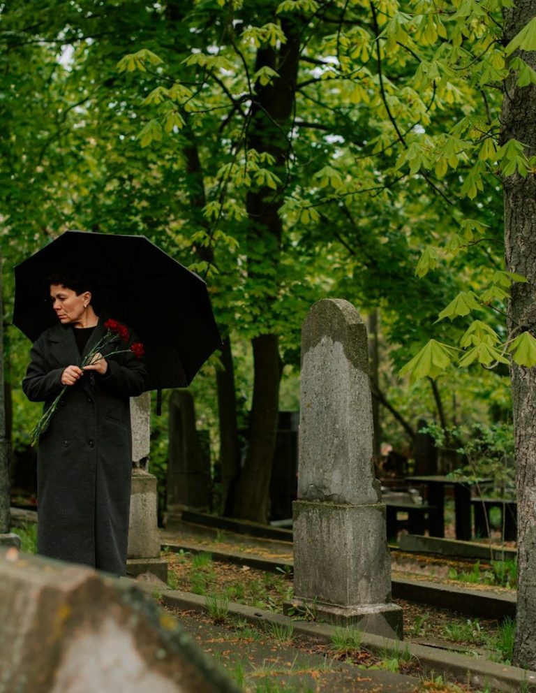 Frau in schwarzem Kleid mit schwarzem Regenschirm und Rose auf einem Friedhof umgeben von Bäumen.