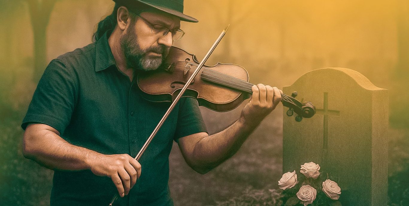 Mann mit Hut spielt Geige vor einem Grab mit Rosen im Nebel.
