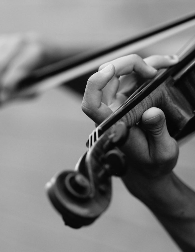 Die Griffhand des Geigenspielers am Hals der Violine.